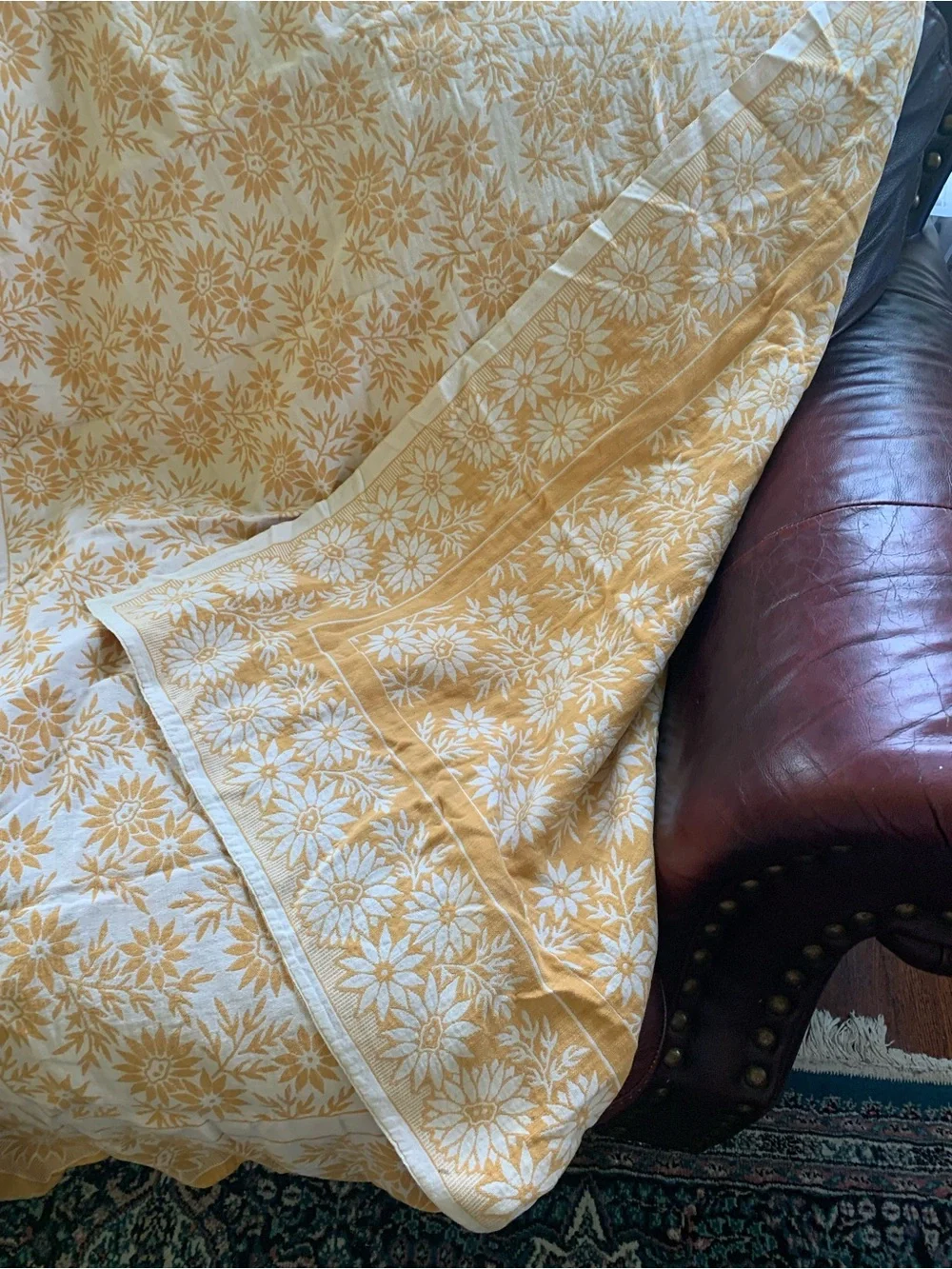 Vintage Yellow Floral Block Print Cotton Tablecloth Throw 55”x47”